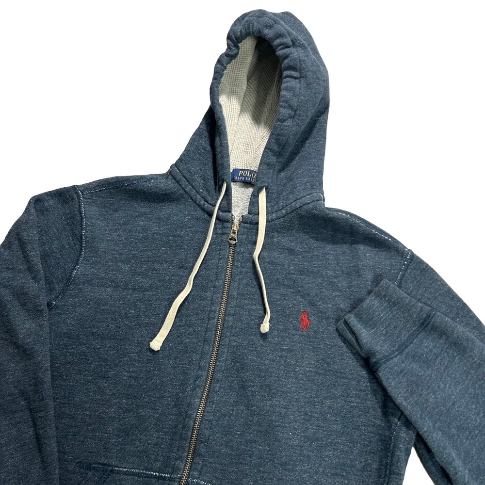 Polo Ralph Lauren Hoodie Mens M Blue Full Zip Red Pony Logo Waffle Lined Hood
